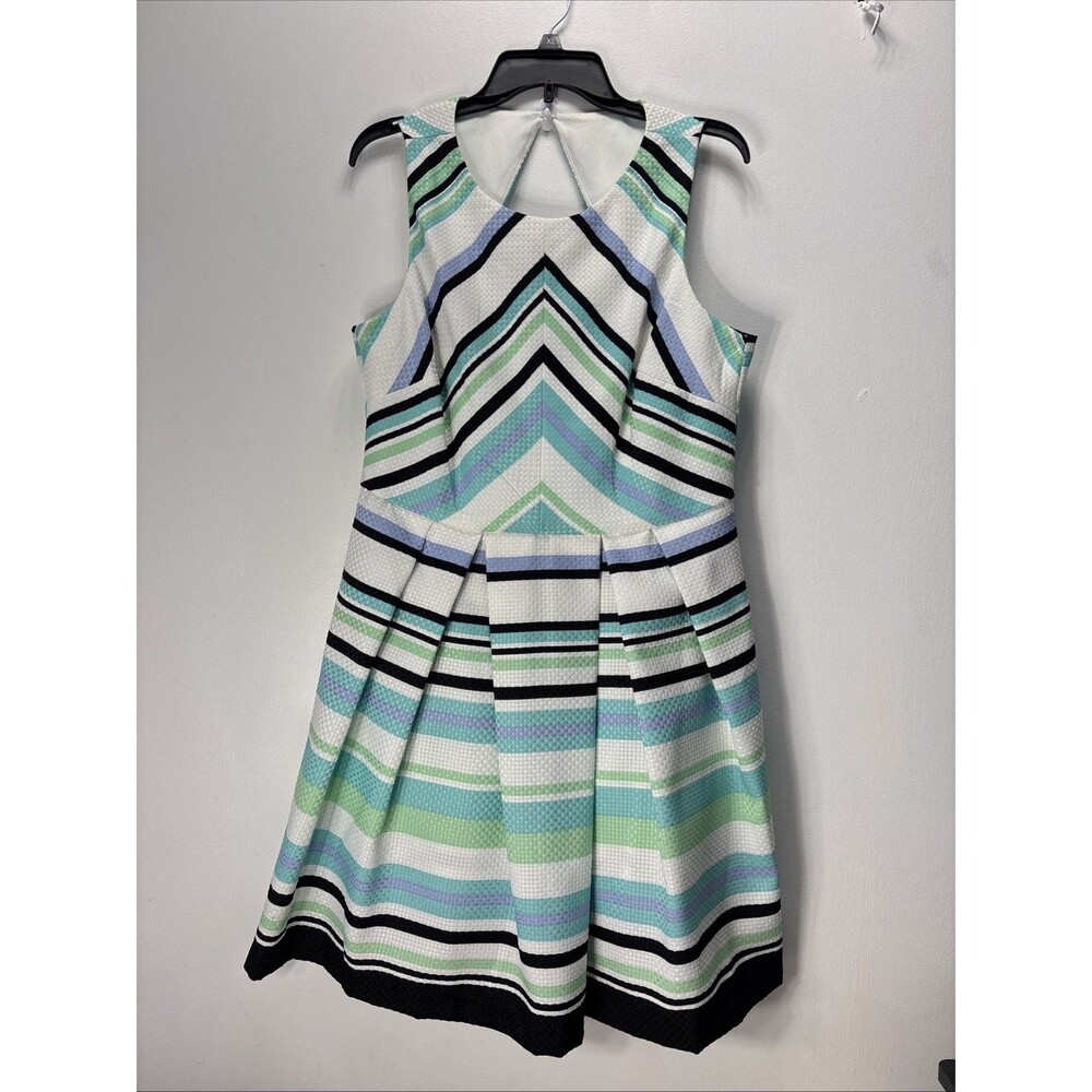 Danny & Nicole Fit Flare Dress Color Block Pleated White Green Pockets Sz 14P